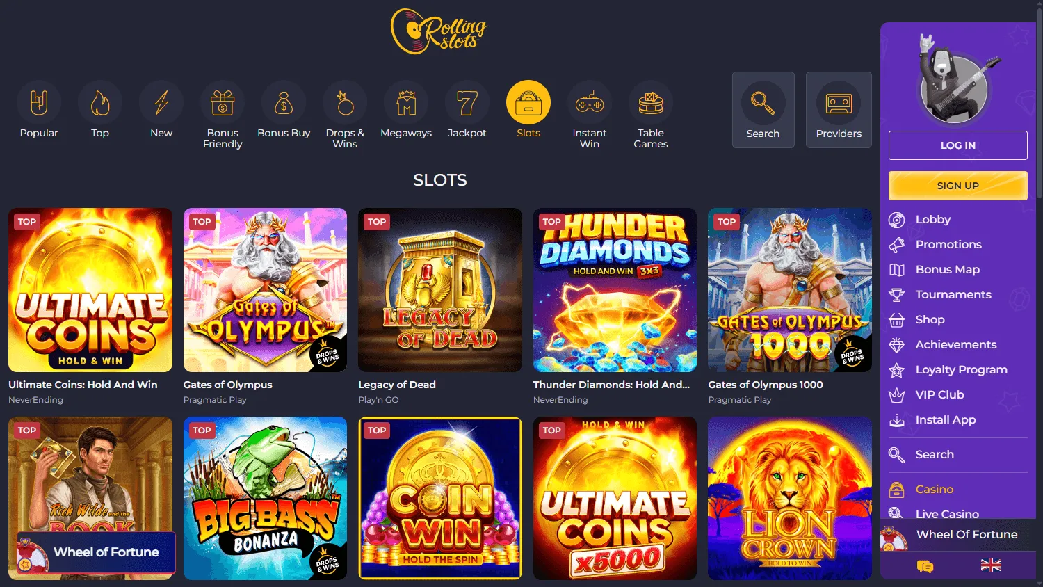 Rolling Slots Casino desktop casino game selection