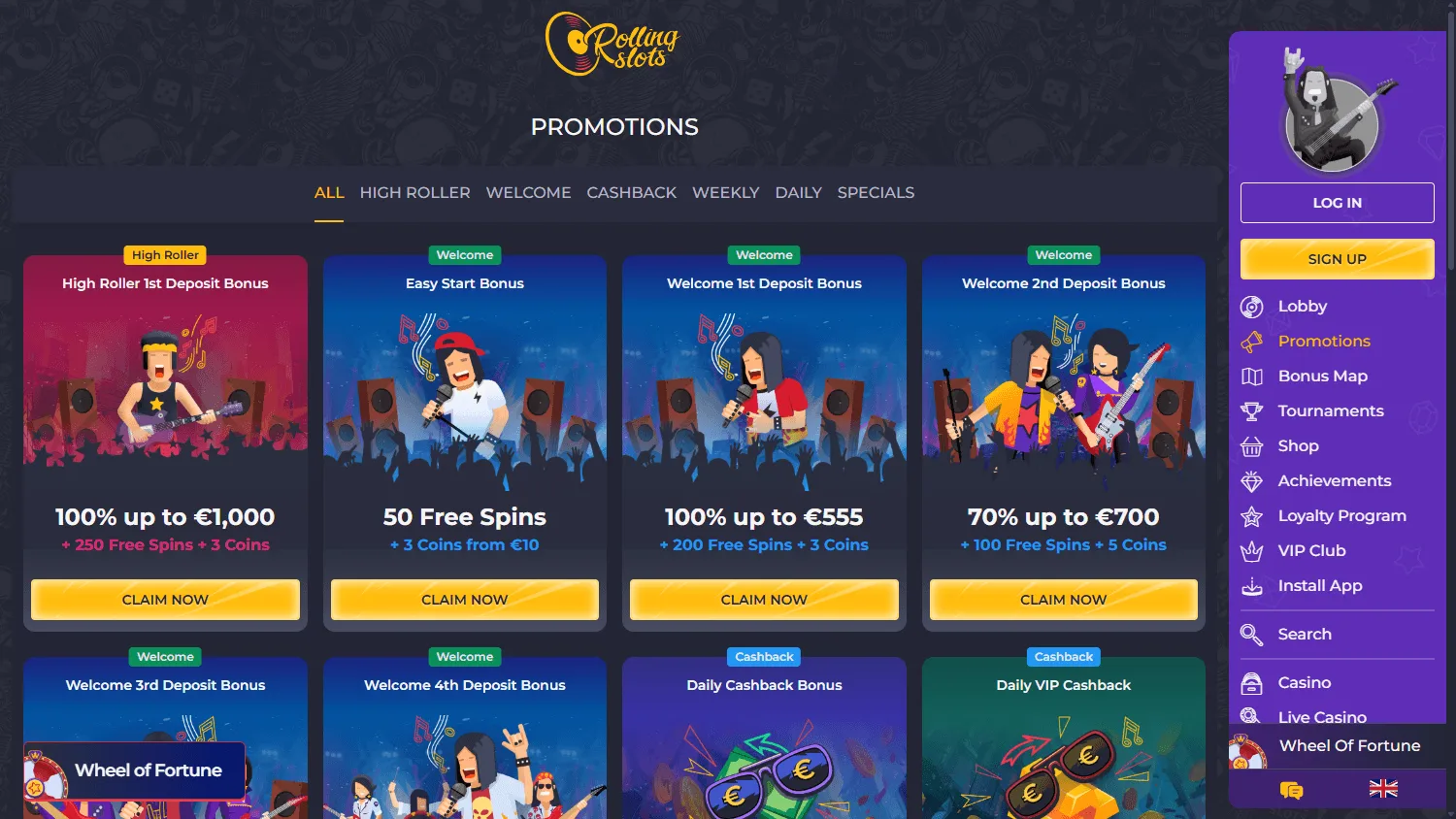 Rolling Slots Casino desktop promotions area