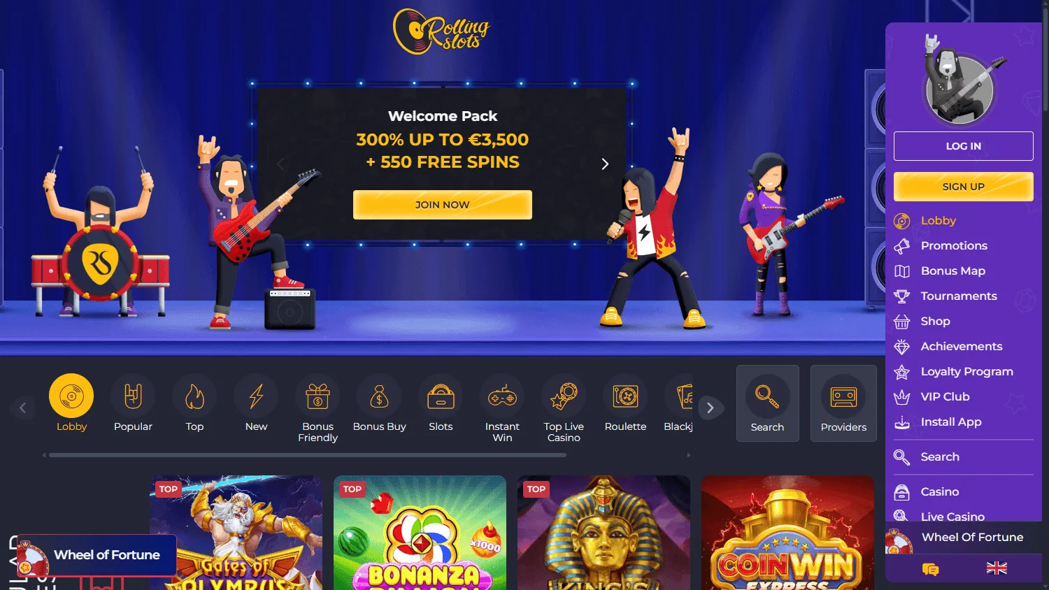 Rolling Slots Casino desktop games lobby
