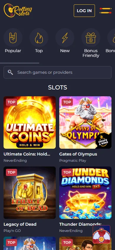 Rolling Slots Casino mobile casino game selection