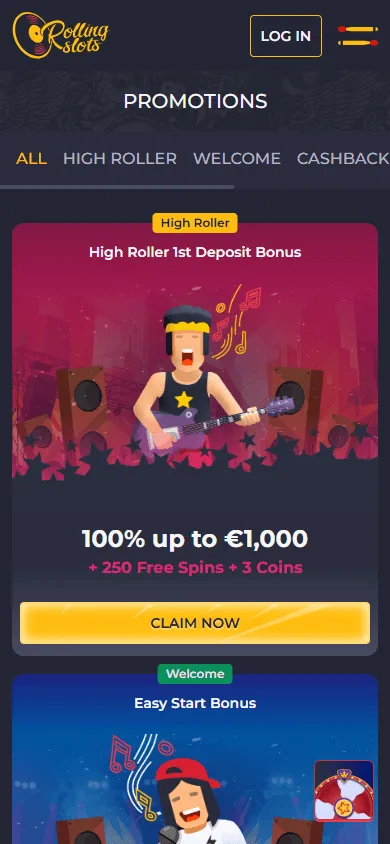 Rolling Slots Casino mobile promotions area