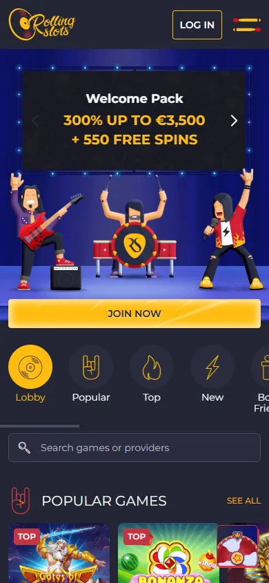 Rolling Slots Casino mobile games lobby